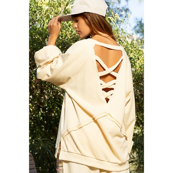 POL Cream Criss Cross Back Slouchy French Terry Pullover - Picture 4 of 10